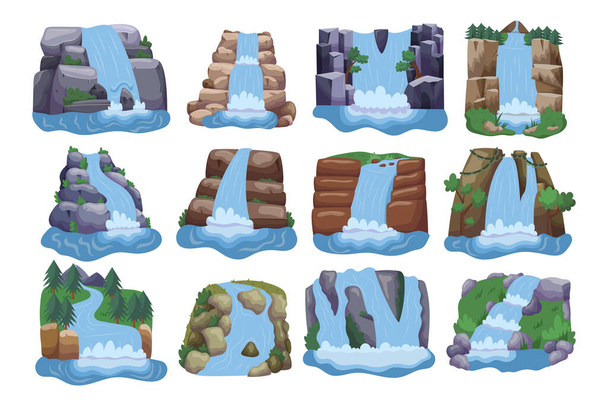 Set of Waterfall Cascades, Natural Water Streams Falling from Mountain Cliff. Beautiful River Jets Isolated On White Background. Nature Landscape Elements with Green Grass. Cartoon Vector Illustration - Vector, Image
