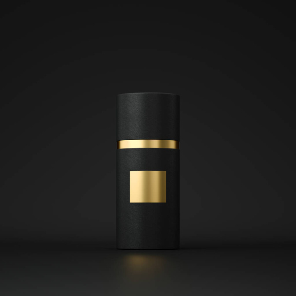 Negro puede tubo con mockup etiqueta de oro, sobre fondo negro. renderizado 3d - Foto, Imagen