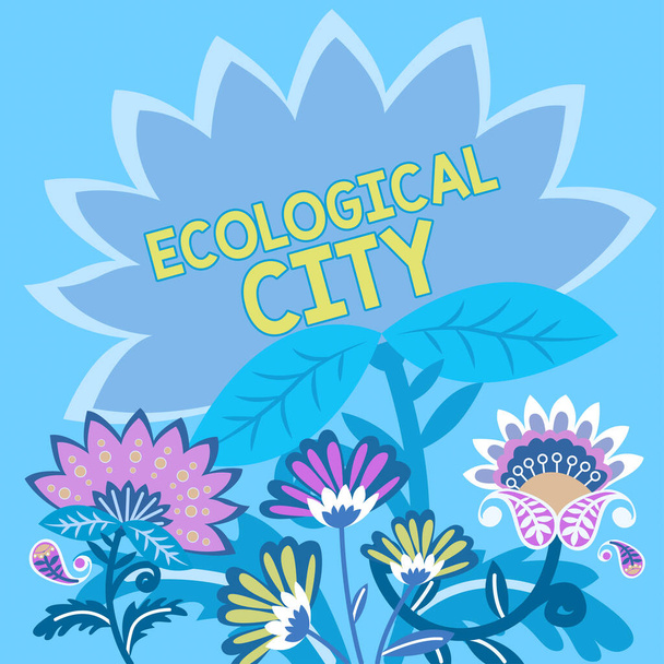 Sinal exibindo Cidade Ecológica, Palavra Escrito em assentamento humano modelado na estrutura auto-sustentável - Foto, Imagem