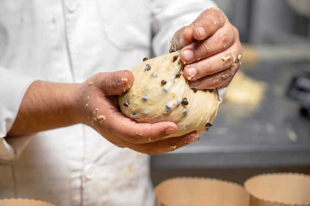 Ремісник-італіянин намащує тісто панеттоном христмас тістом у форми. Фотографія високої якості - Фото, зображення