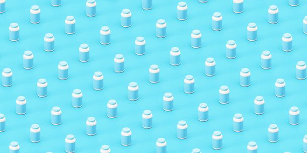 3d illustration of repeating pattern with blank blue containers for protein powder on blue background - Photo, Image