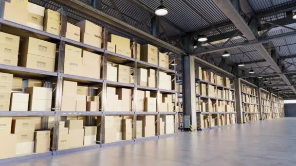 Pasillo entre estantes metálicos con cajas de cartón ubicadas dentro de amplio almacén de empresa logística. 3d renderizar - Metraje, vídeo