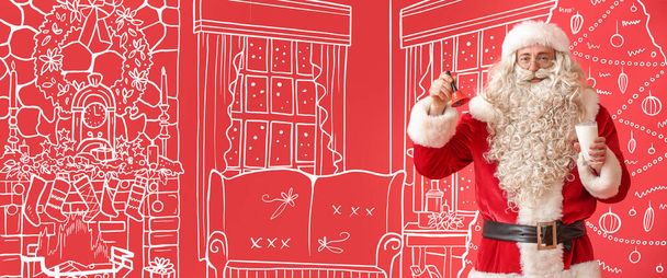 Weihnachtsmann mit Milchglas und Weihnachtsglocke im Wohnzimmer - Foto, Bild