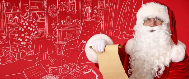 Père Noël avec défilement et salon dessiné sur fond rouge - Photo, image