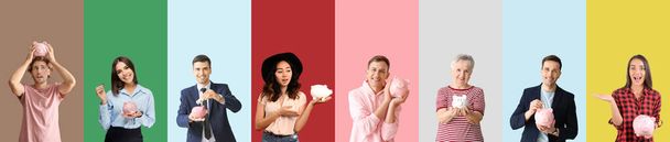 Group of different people with piggy banks on color background - Photo, Image