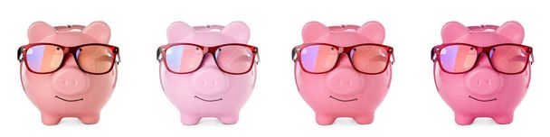 Colagem de bancos piggy rosa com óculos sobre fundo branco - Foto, Imagem