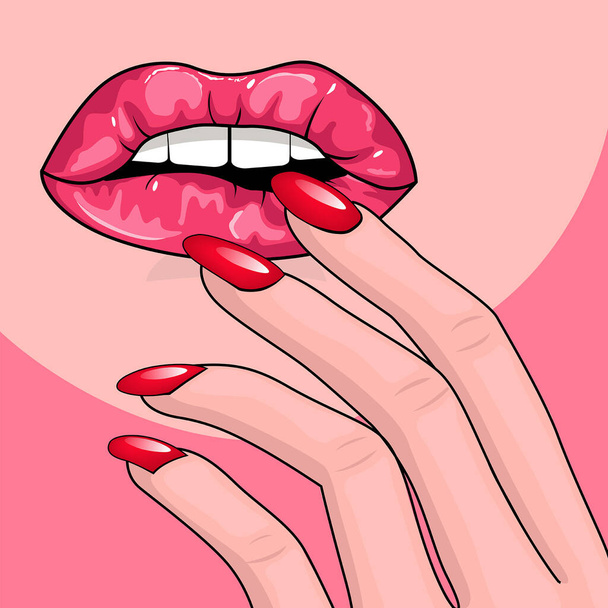 Der offene Mund des Mädchens mit den Fingern in der Nähe der Lippen. Hochglanz-Lippenstift. Maniküre mit roten Nägeln. Schönheitssalon. Vektorillustration - Vektor, Bild