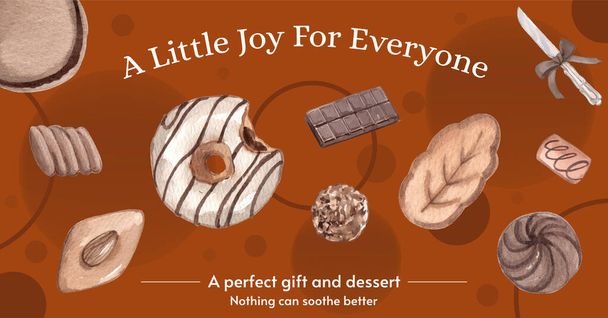 Modèle de message Facebook avec concept de dessert au chocolat, aquarelle styl - Vecteur, image