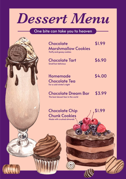 Modello di menu con concetto di dessert al cioccolato, acquerello styl - Vettoriali, immagini
