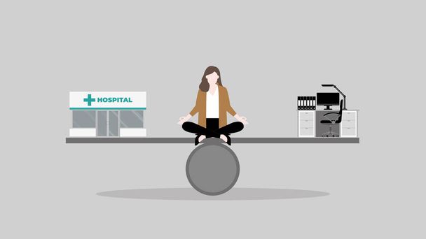 ワークライフバランスの概念。瞑想の女性は、病院と作業机を持つ医師の間に見えるビームの中心に座って考えています。ヘルスケアのバランスのとれたビジネスライフスタイルとハードワーク. - ベクター画像