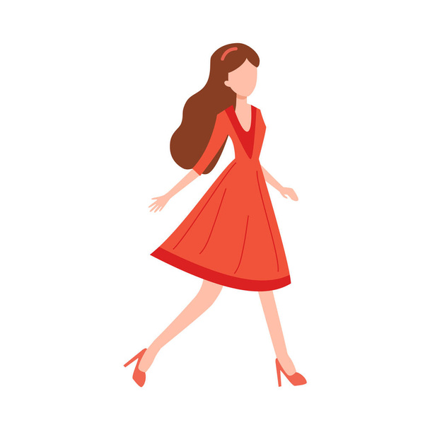 Beautiful stylish young woman in red dress, flat vector illustration isolated on white background. Fashion model female character walking in trendy dress. - Vector, afbeelding