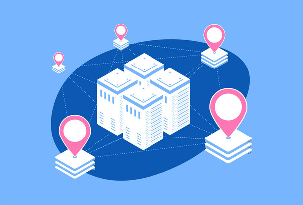 DN Content delivery network - geographically distributed network of proxy servers, data centers and interconnected servers. Vector illustration - Vector, Image