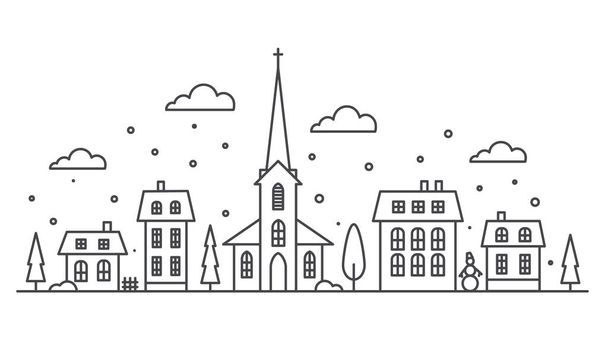 Quartiere periferico paesaggio invernale. Silhouette di case e chiesa sullo skyline con fiocchi di neve. Case di campagna. Illustrazione del vettore di contorno - Vettoriali, immagini