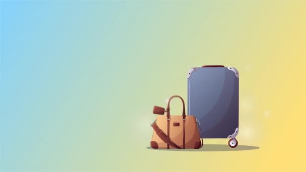 Suitcase, travel pillow, bag, airplane and camera. Travel, tourism, adventure, journey concept. Animation video.  - Footage, Video