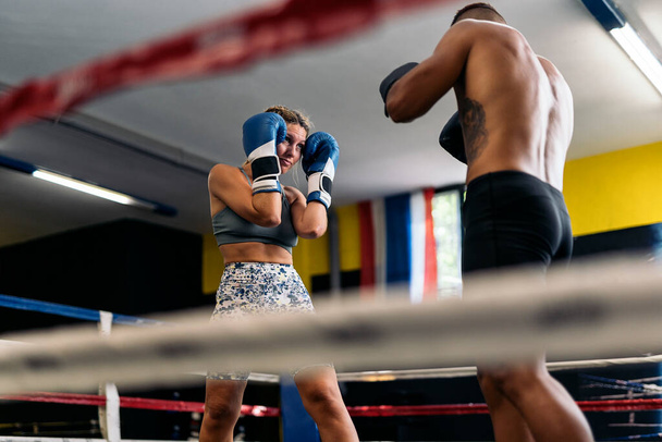 Low angle view of a caucasian young woman and latin man training with boxing gloves on the ring. Concept of kickboxing. - Fotó, kép