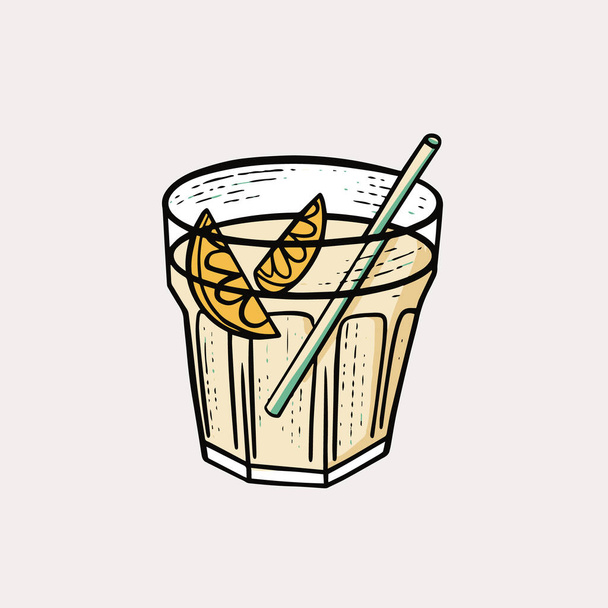 Cocktail met citroenschijfje of drankje. Handgetekende gekleurde vector illustratie. Ontwerp voor menubalk en poster. - Vector, afbeelding