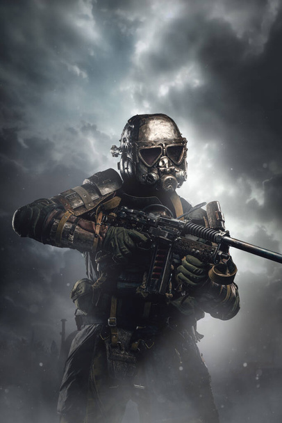 Studio shot of isolated on grey background soldier after armageddon aiming shotgun. - Foto, Imagen