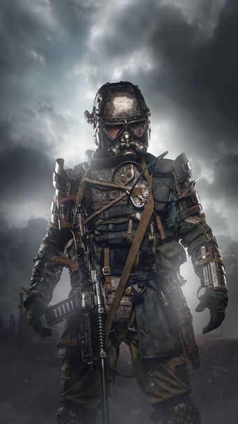 Portrait of military survivor in post apocalypse dressed in armored costume. - Photo, Image