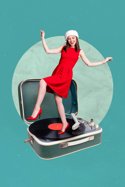 Vertical collage picture of cool positive mini girl have fun dancing big vintage vinyl record player isolated on creative background. - Φωτογραφία, εικόνα