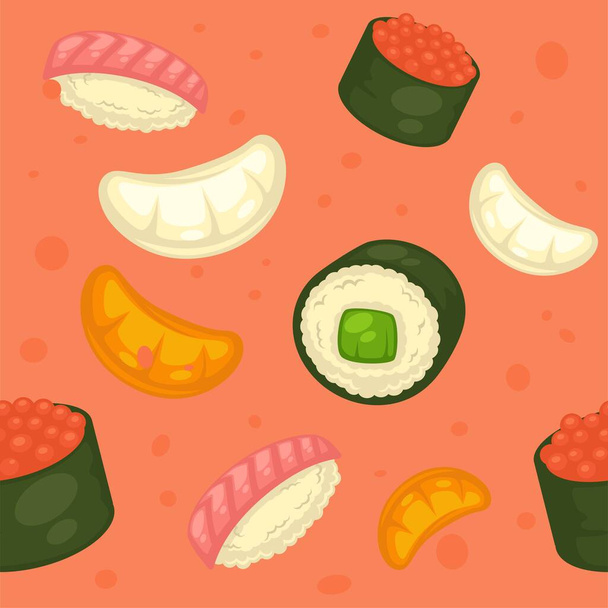 Oriental dishes and asian food, isolated sushi and rolls with fish and nori, rice and salmon. Tasty and nutritious products for balanced dieting and eating. Seamless pattern. Vector in flat style - Вектор, зображення