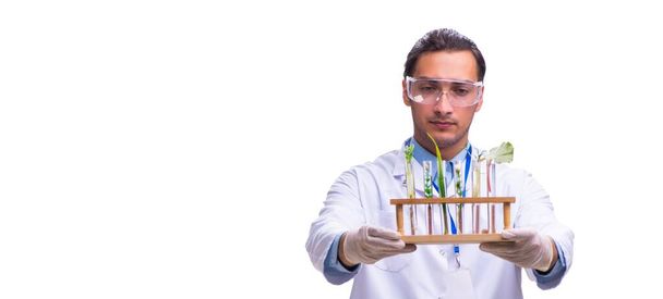 Молодий хімік-чоловік ізольований на білому
 - Фото, зображення