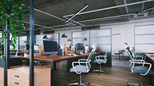 Большой офисный интерьер с растениями и открытым потолком, 3D рендеринг - Фото, изображение
