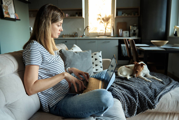 Mujer sentada en el sofá en la sala de estar y utilizando el ordenador portátil. Freelancer mujer que trabaja en la oficina en casa. Trabajo remoto y trabajo desde el concepto del hogar. - Foto, imagen