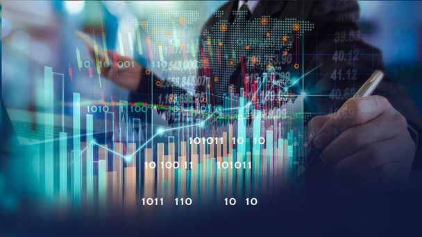 Stock market or forex trading graph and candlestick chart suitable for financial investment concept. Economy trends background for business idea and all art work design. Abstract finance background. - Photo, Image