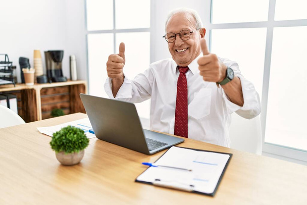 Homem sênior trabalhando no escritório usando laptop computador aprovando fazer gesto positivo com a mão, polegares para cima sorrindo e feliz pelo sucesso. gesto vencedor.  - Foto, Imagem