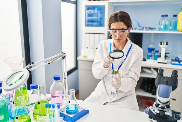Mujer hispana joven vistiendo uniforme científico usando lupa en laboratorio - Foto, imagen