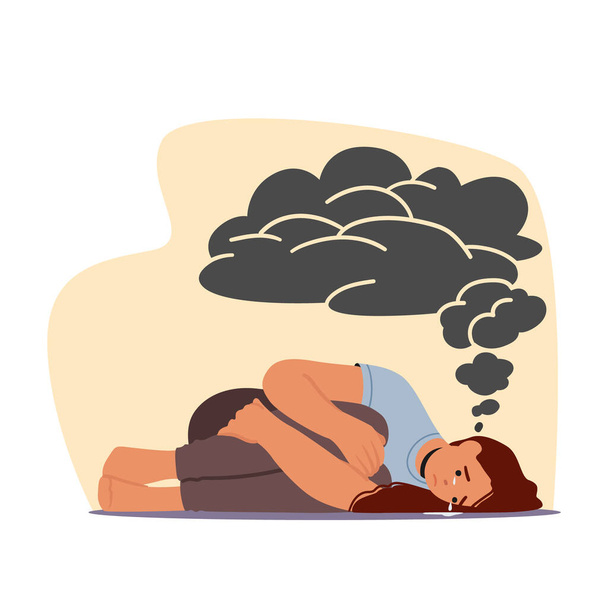 Depresivní žena trpí depresí a úzkosti problém pocit frustrovaný ležící na podlaze, pláč s černým mrakem nad hlavou. Smutná a zoufalá ženská postava. Cartoon Vector Illustration - Vektor, obrázek
