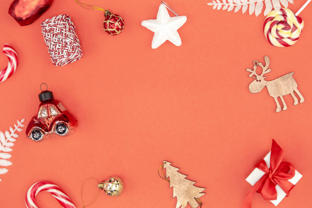 Christmas background with holiday decor details, flat lay, copy space. - Photo, image