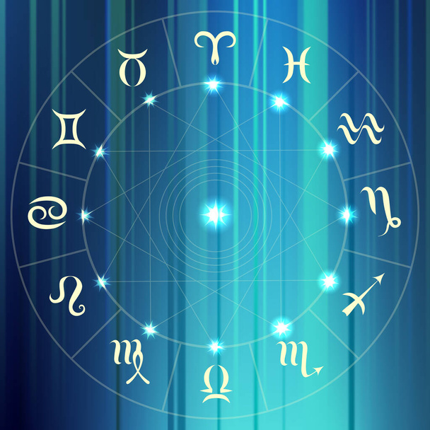 Magic circle with zodiacs sign on abstract blur background. Zodiac circle - Вектор, зображення