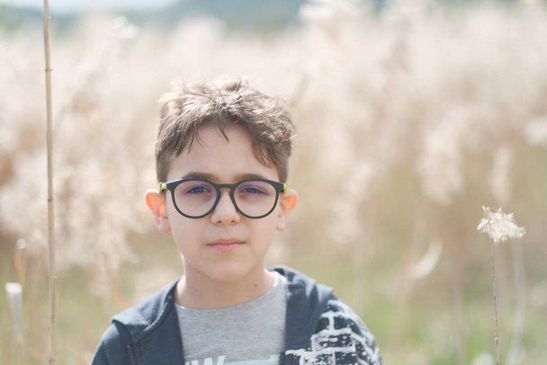 muotokuva pikkupojasta, jolla on silmälasit luonnossa. Laadukas kuva - Valokuva, kuva