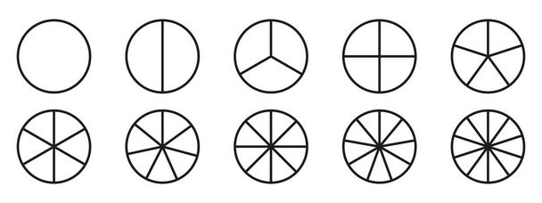 Círculos divididos diagrama 3, 10, 7, gráfico icono circular gráfico de sección de forma. Segmento círculo redondo vector 6, 9 devide infografía. - Vector, imagen