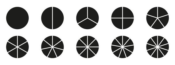 Círculos divididos diagrama 3, 10, 7, gráfico icono circular gráfico de sección de forma. Segmento círculo redondo vector 6, 9 devide infografía. - Vector, imagen