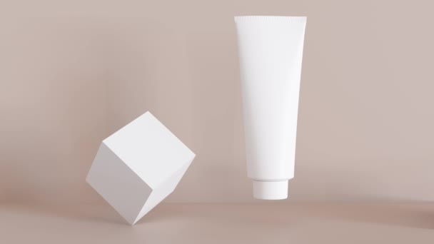 Gráfico de movimiento con blanco y blanco, tubo de crema cosmética sin marca y formas geométricas simples. Presentación del producto para el cuidado de la piel. Una maqueta moderna. Belleza y spa. Copiar espacio. Animación 3D - Imágenes, Vídeo