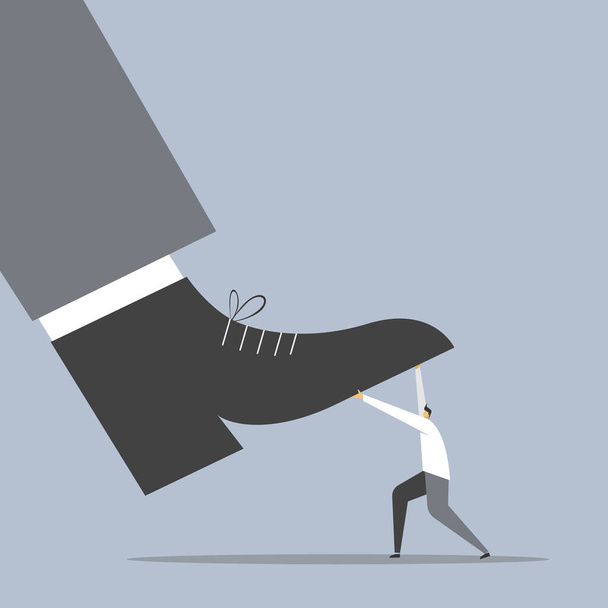 Illustration eines Geschäftsmannes, der einem riesigen Fuß widersteht, der ihn niederdrückt - Vektor, Bild