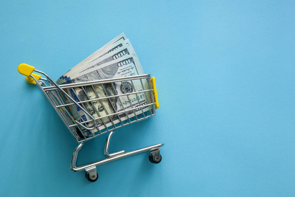 Supermarket trolley filled with American paper dollars on a blue background. Purchasing power, economics and exchange rate and social transfers. - 写真・画像
