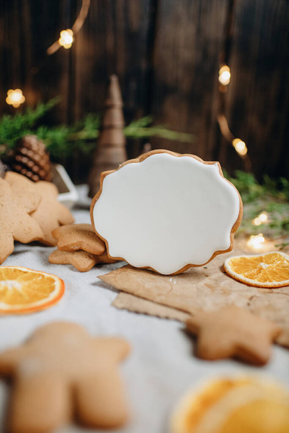 Christmas gingerbread with white icing mockup for painting, homemade baking - Fotografie, Obrázek