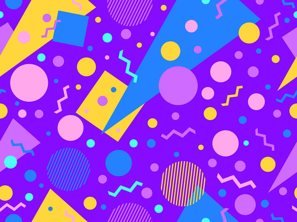 Memphis seamless pattern with geometric shapes in 80s style. Colorful geometric shapes on a violet background. Design of promotional products, wrapping paper and printing. Vector illustration - ベクター画像