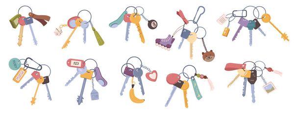 Keys vector set isolated on white background, flat cartoon style icon modern and classic retro door key bunch hanging on ring, keychain with trinkets, different keychains, heart and address name - Vector, Image