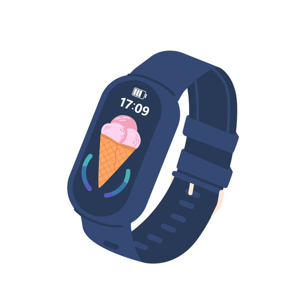Fitness Tracker fagylalttal, Time and Battery Charge kijelzőn, Smart Watch Device On Blue Szilikon karkötő. Elszigetelt Smartwatch modern elektronikus szerkentyű. Rajzfilm vektor illusztráció - Vektor, kép