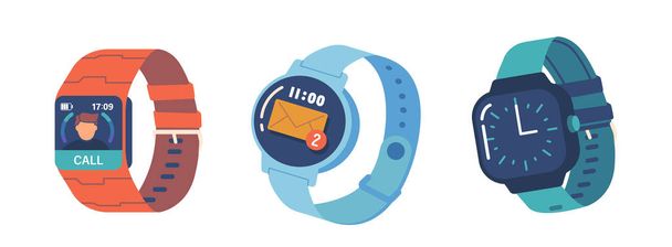 Fitness Trackers, Smart Watches with Call vagy Sms Notification kijelzőn. Modern eszközök, Smartwatch Electronic Gadgets for Health Monitoring Elszigetelt fehér háttér. Rajzfilm vektor illusztráció - Vektor, kép