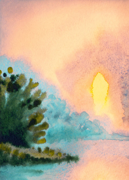 Akvarell festék vázlat csend ködös jelenet. Nedves papír háttér kártya szöveges hely. Kézzel rajzolt fény rózsaszín szín felhős hűvös csendes köd ősz friss völgy mező bokor patak öböl árvíz grafika festői kilátás - Fotó, kép