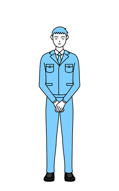 Απλή γραμμή σχεδίου ενός άνδρα με ρούχα εργασίας με τα χέρια του διπλωμένα μπροστά από το σώμα του. - Διάνυσμα, εικόνα