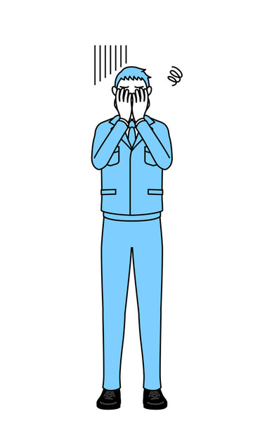 Jednoduchá kresba muže v pracovních šatech, který si zakrývá tvář depresí. - Vektor, obrázek