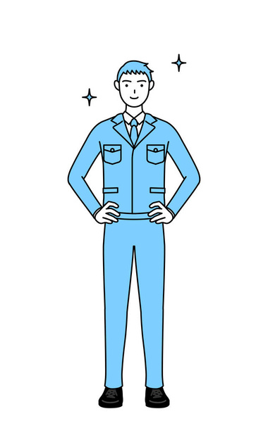 Simple line drawing of a Man in work clothes with his hands on his hips. - ベクター画像