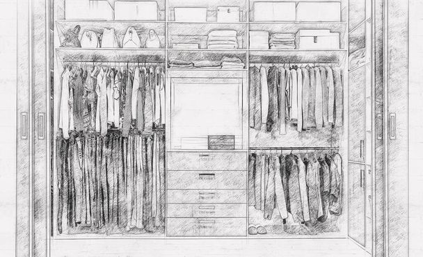 armario de madera moderna con ropa colgando en carril en el interior de diseño de walk in closet
 - Foto, imagen