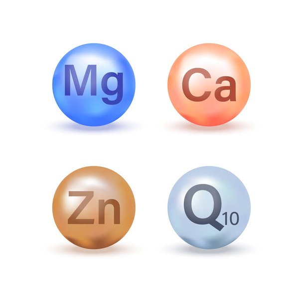 Ensemble de complexes minéraux et vitaminiques. Concept médical. Isolé sur fond blanc. Les icônes sont Calcium, Magnésium, Zinc, Q10. - Vecteur, image